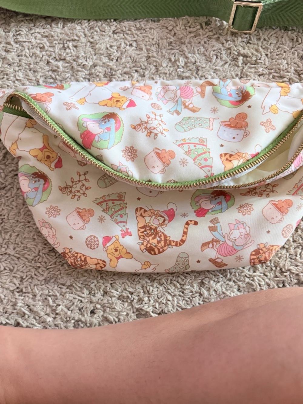 Cream Christmas Winnie-the-Pooh Print Crossbody belt Bag with Green Strap